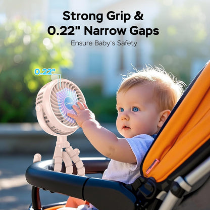 Baby Stroller Fan With Light, Rechargeable Battery Operated, Max 10Hrs Cooling, 3 Speeds, 360° Rotate USB Desk Fan, Flexible Tripod Clip On Fan for Stroller Car Seat Crib Treadmill Golf Cart