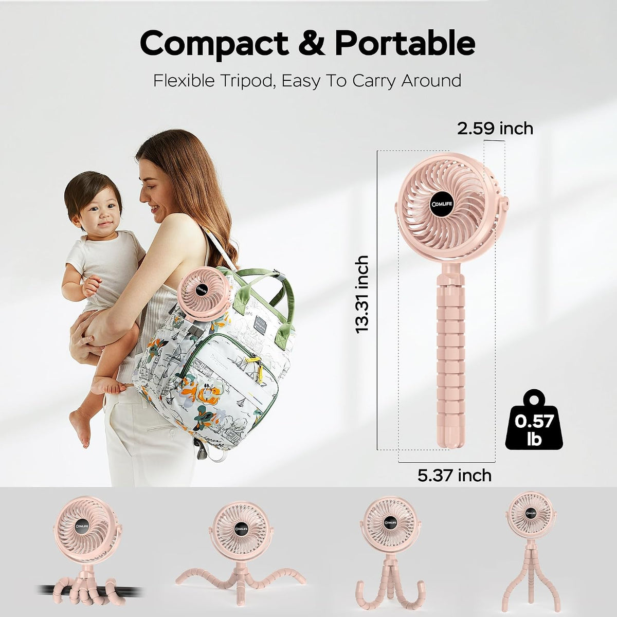 Baby Stroller Fan With Light, Rechargeable Battery Operated, Max 10Hrs Cooling, 3 Speeds, 360° Rotate USB Desk Fan, Flexible Tripod Clip On Fan for Stroller Car Seat Crib Treadmill Golf Cart