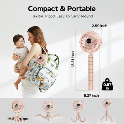 Baby Stroller Fan With Light, Rechargeable Battery Operated, Max 10Hrs Cooling, 3 Speeds, 360° Rotate USB Desk Fan, Flexible Tripod Clip On Fan for Stroller Car Seat Crib Treadmill Golf Cart