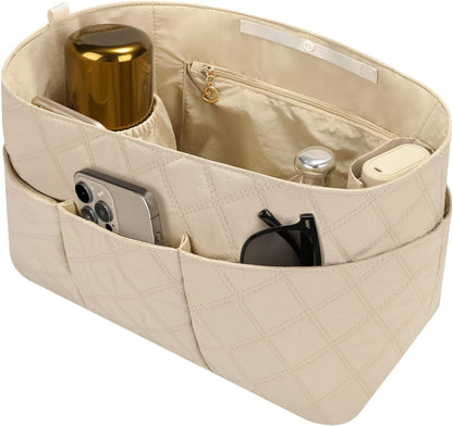 Large Purse Organizer Insert for Tote Bags, Water-Resistant Nylon Handbag Insert with Cup Holder & Interior Zipper Pocket, Quilted Structured Divider, Top Snap Closure，Light khaki