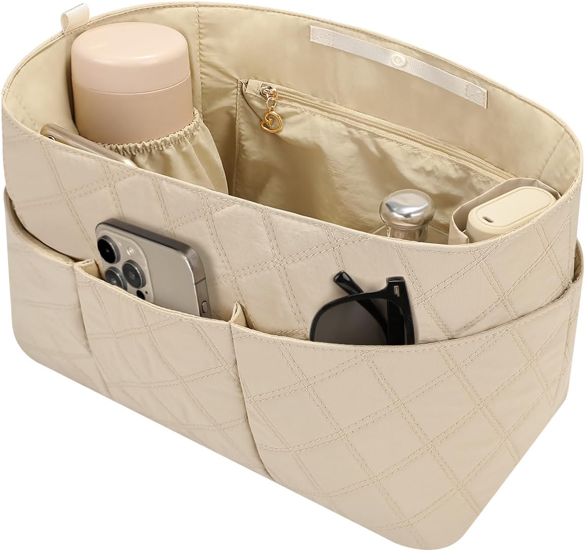 Large Purse Organizer Insert for Tote Bags, Water-Resistant Nylon Handbag Insert with Cup Holder & Interior Zipper Pocket, Quilted Structured Divider, Top Snap Closure，Light khaki