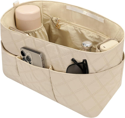 Large Purse Organizer Insert for Tote Bags, Water-Resistant Nylon Handbag Insert with Cup Holder & Interior Zipper Pocket, Quilted Structured Divider, Top Snap Closure，Light khaki