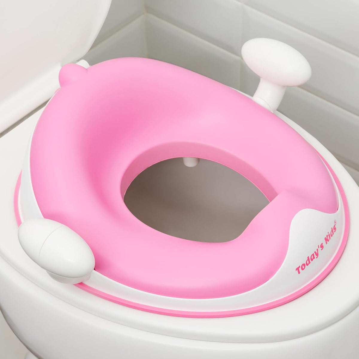Anti-Slip Baby Training Toilet Seat for Toddlers - Comfortable & Soft Cushion, Secure Grip Handles - Splash Guard Design Potty Toddler Toilet Seat Attachment, Easy Storage Loop - Pink