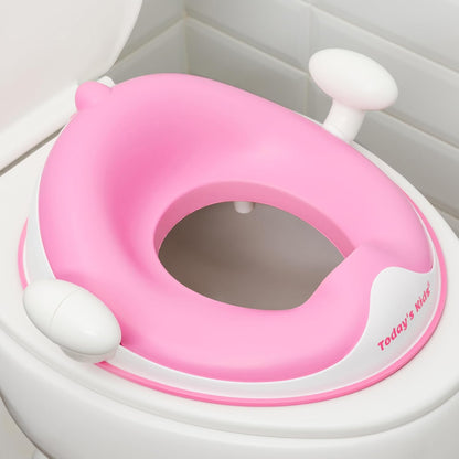 Anti-Slip Baby Training Toilet Seat for Toddlers - Comfortable & Soft Cushion, Secure Grip Handles - Splash Guard Design Potty Toddler Toilet Seat Attachment, Easy Storage Loop - Pink