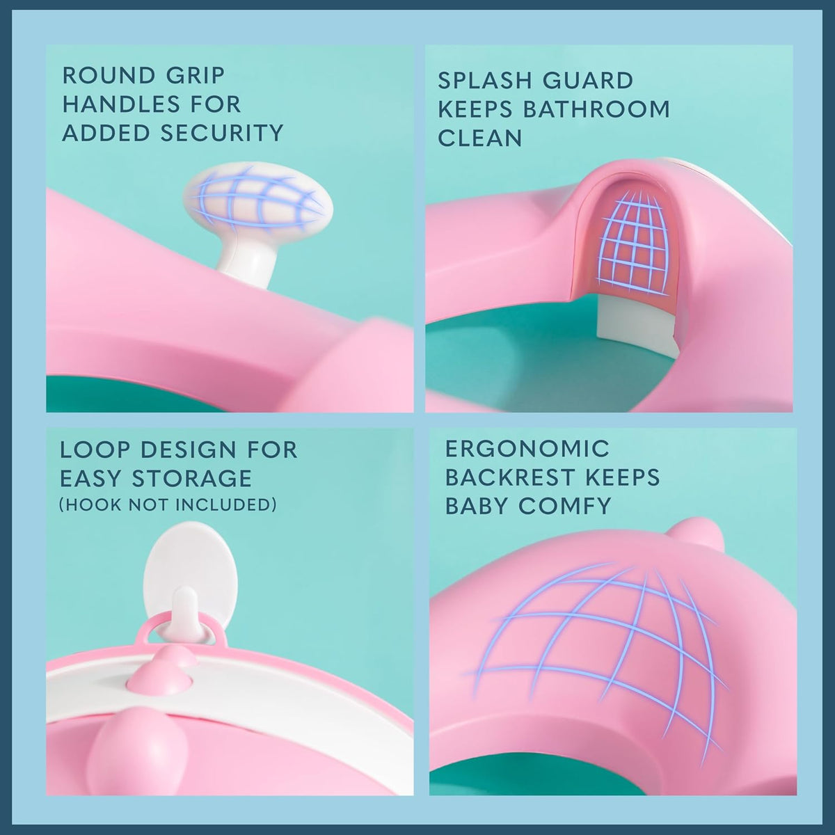 Anti-Slip Baby Training Toilet Seat for Toddlers - Comfortable & Soft Cushion, Secure Grip Handles - Splash Guard Design Potty Toddler Toilet Seat Attachment, Easy Storage Loop - Pink
