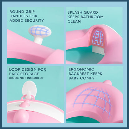Anti-Slip Baby Training Toilet Seat for Toddlers - Comfortable & Soft Cushion, Secure Grip Handles - Splash Guard Design Potty Toddler Toilet Seat Attachment, Easy Storage Loop - Pink