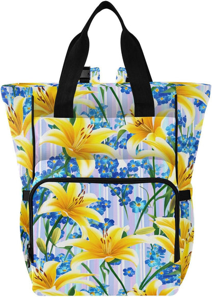Diaper Bag Backpack, Multifunction Travel Bag for Moms Dads, Baby Changing Bag with Insulted Pockets, Stroller Straps and Side Bottle Pockets Sunlit Lily Pattern