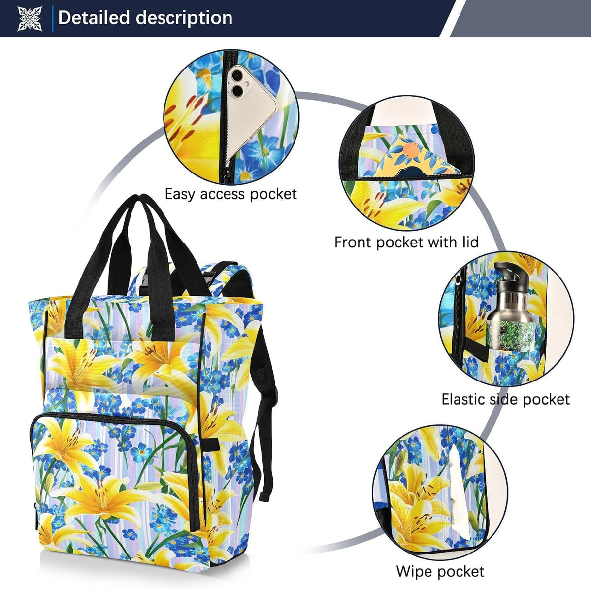Diaper Bag Backpack, Multifunction Travel Bag for Moms Dads, Baby Changing Bag with Insulted Pockets, Stroller Straps and Side Bottle Pockets Sunlit Lily Pattern