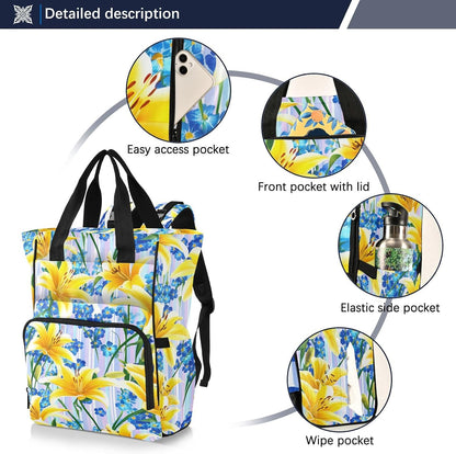 Diaper Bag Backpack, Multifunction Travel Bag for Moms Dads, Baby Changing Bag with Insulted Pockets, Stroller Straps and Side Bottle Pockets Sunlit Lily Pattern