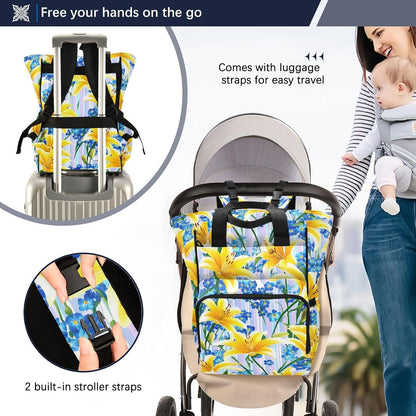 Diaper Bag Backpack, Multifunction Travel Bag for Moms Dads, Baby Changing Bag with Insulted Pockets, Stroller Straps and Side Bottle Pockets Sunlit Lily Pattern
