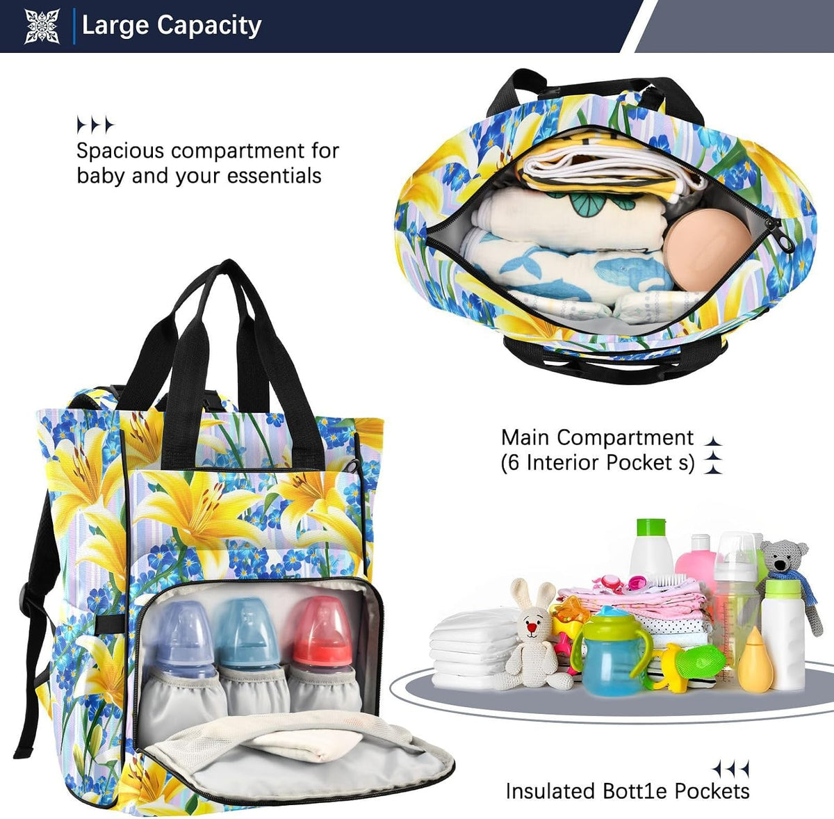 Diaper Bag Backpack, Multifunction Travel Bag for Moms Dads, Baby Changing Bag with Insulted Pockets, Stroller Straps and Side Bottle Pockets Sunlit Lily Pattern
