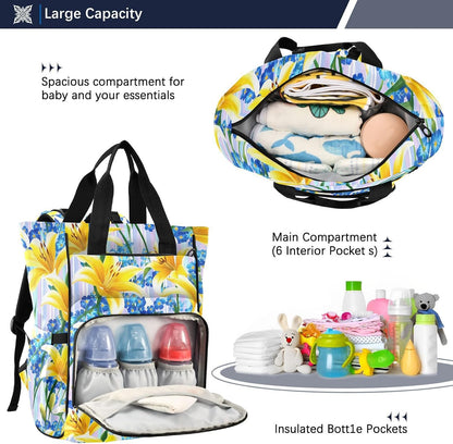 Diaper Bag Backpack, Multifunction Travel Bag for Moms Dads, Baby Changing Bag with Insulted Pockets, Stroller Straps and Side Bottle Pockets Sunlit Lily Pattern