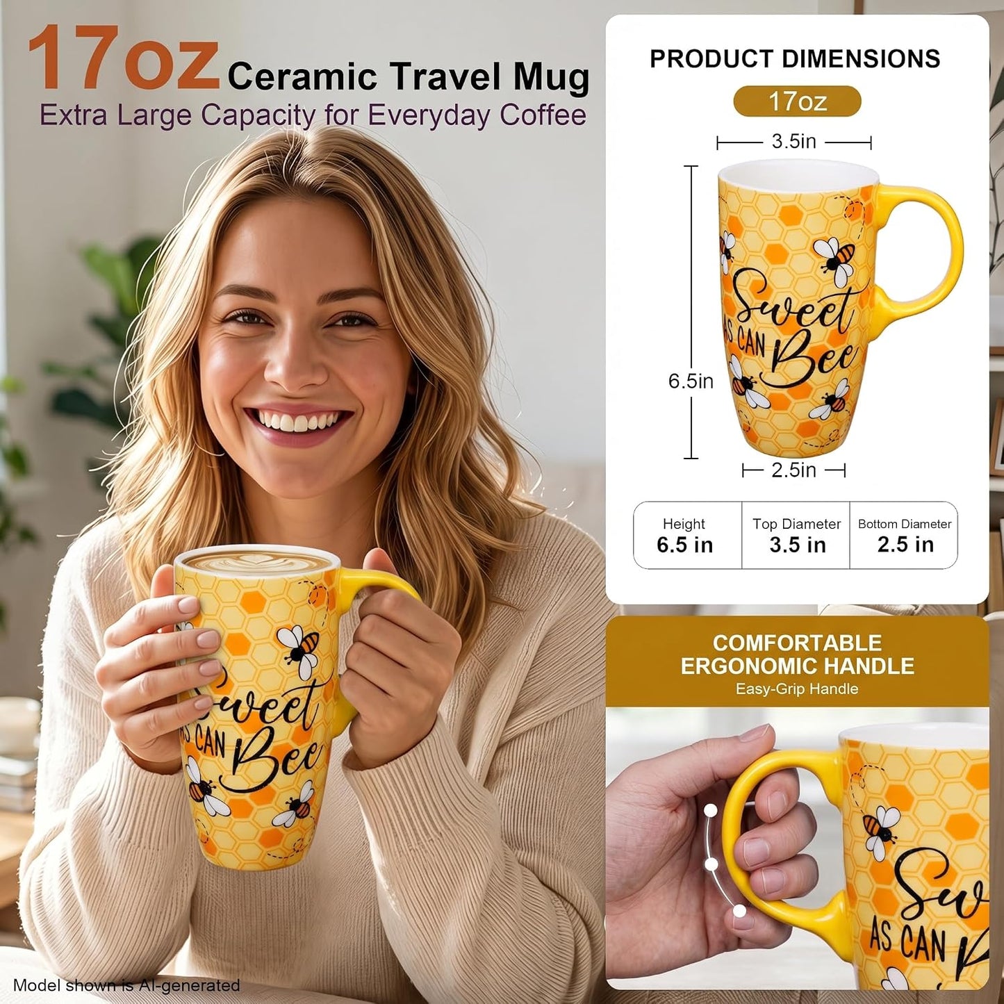 17oz Botanical Sunflower Ceramic Travel Mug with Handle, Gift Box | Splash-resistant lid • Comfortable grip • Smooth glazed finish • Easy cleaning • Microwave & Dishwasher Safe