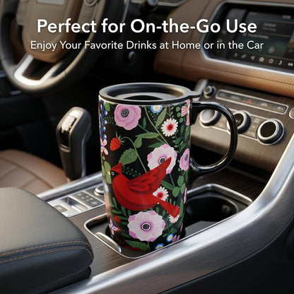 17oz Botanical Sunflower Ceramic Travel Mug with Handle, Gift Box | Splash-resistant lid • Comfortable grip • Smooth glazed finish • Easy cleaning • Microwave & Dishwasher Safe