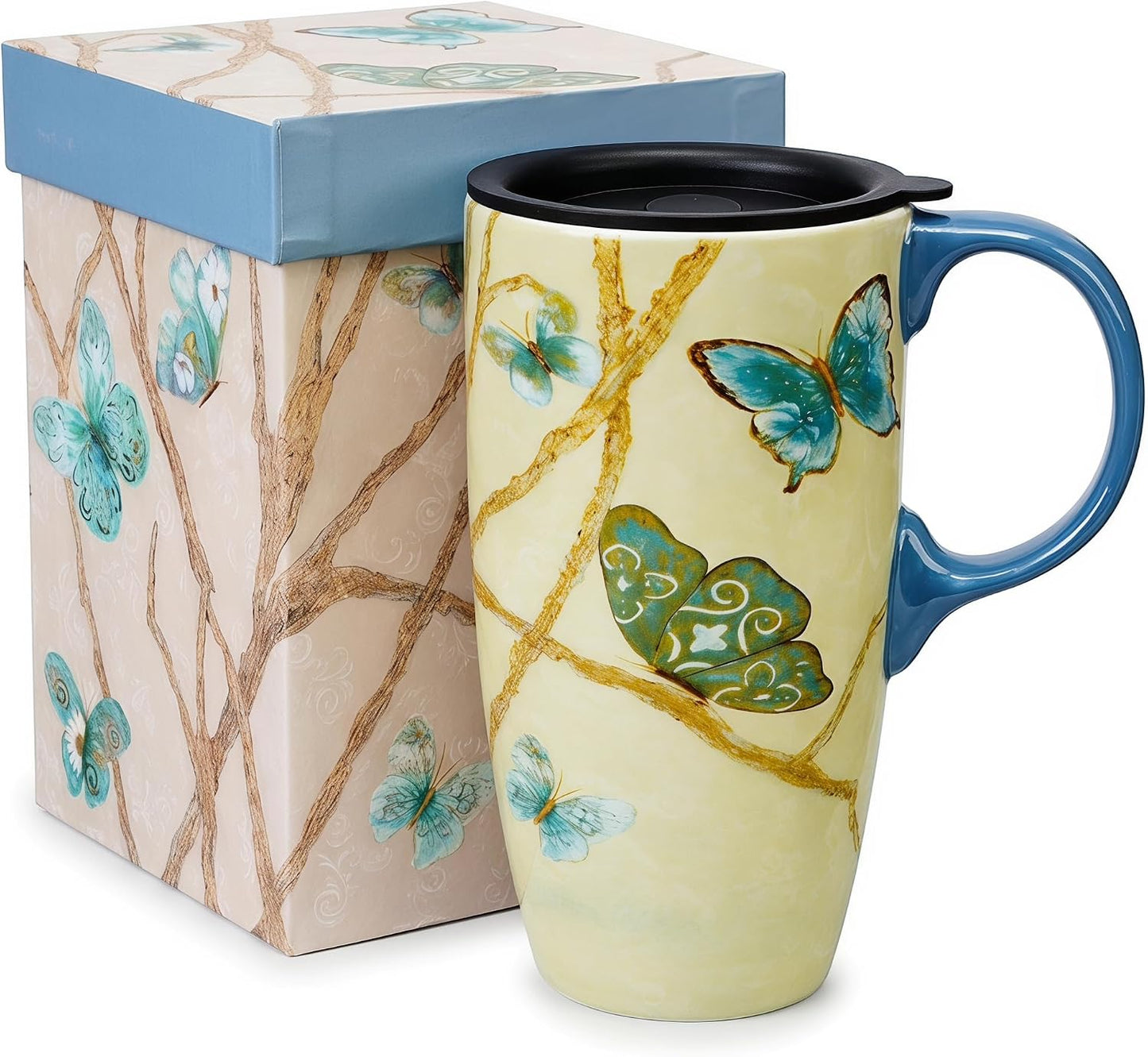 17oz Botanical Sunflower Ceramic Travel Mug with Handle, Gift Box | Splash-resistant lid • Comfortable grip • Smooth glazed finish • Easy cleaning • Microwave & Dishwasher Safe