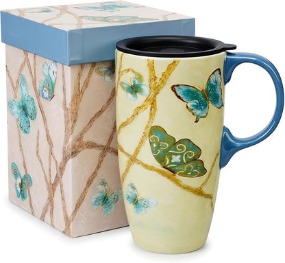 17oz Botanical Sunflower Ceramic Travel Mug with Handle, Gift Box | Splash-resistant lid • Comfortable grip • Smooth glazed finish • Easy cleaning • Microwave & Dishwasher Safe