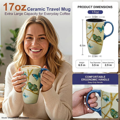17oz Botanical Sunflower Ceramic Travel Mug with Handle, Gift Box | Splash-resistant lid • Comfortable grip • Smooth glazed finish • Easy cleaning • Microwave & Dishwasher Safe