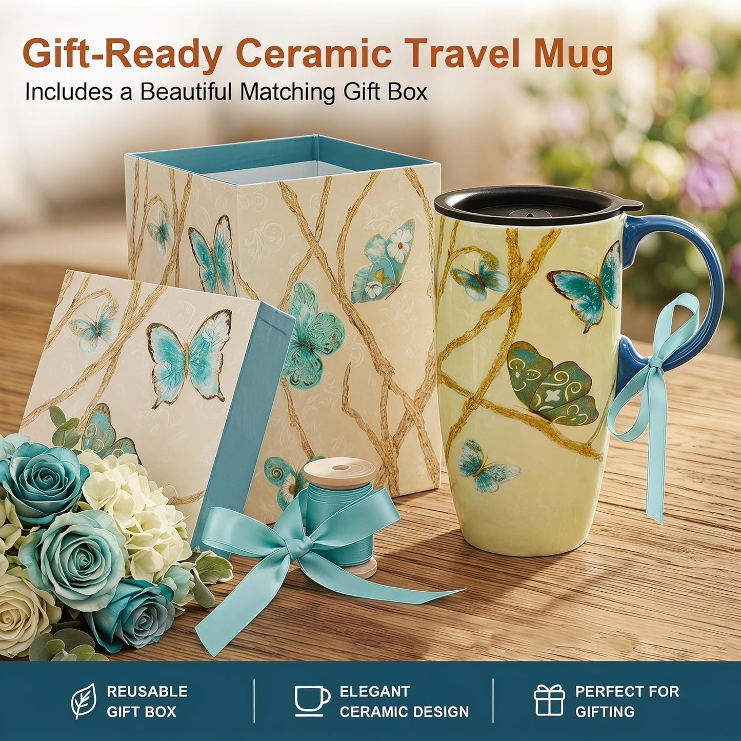 17oz Botanical Sunflower Ceramic Travel Mug with Handle, Gift Box | Splash-resistant lid • Comfortable grip • Smooth glazed finish • Easy cleaning • Microwave & Dishwasher Safe
