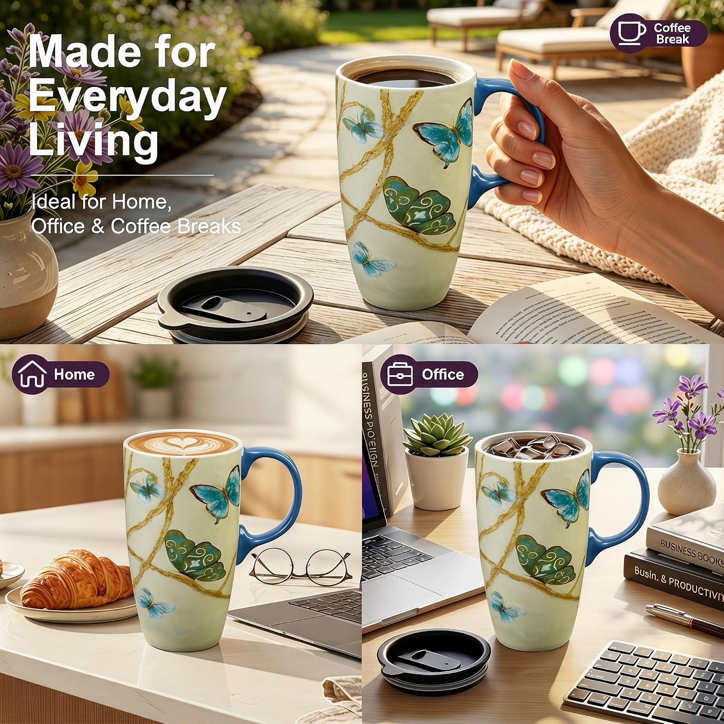 17oz Botanical Sunflower Ceramic Travel Mug with Handle, Gift Box | Splash-resistant lid • Comfortable grip • Smooth glazed finish • Easy cleaning • Microwave & Dishwasher Safe