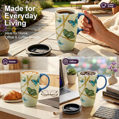 17oz Botanical Sunflower Ceramic Travel Mug with Handle, Gift Box | Splash-resistant lid • Comfortable grip • Smooth glazed finish • Easy cleaning • Microwave & Dishwasher Safe