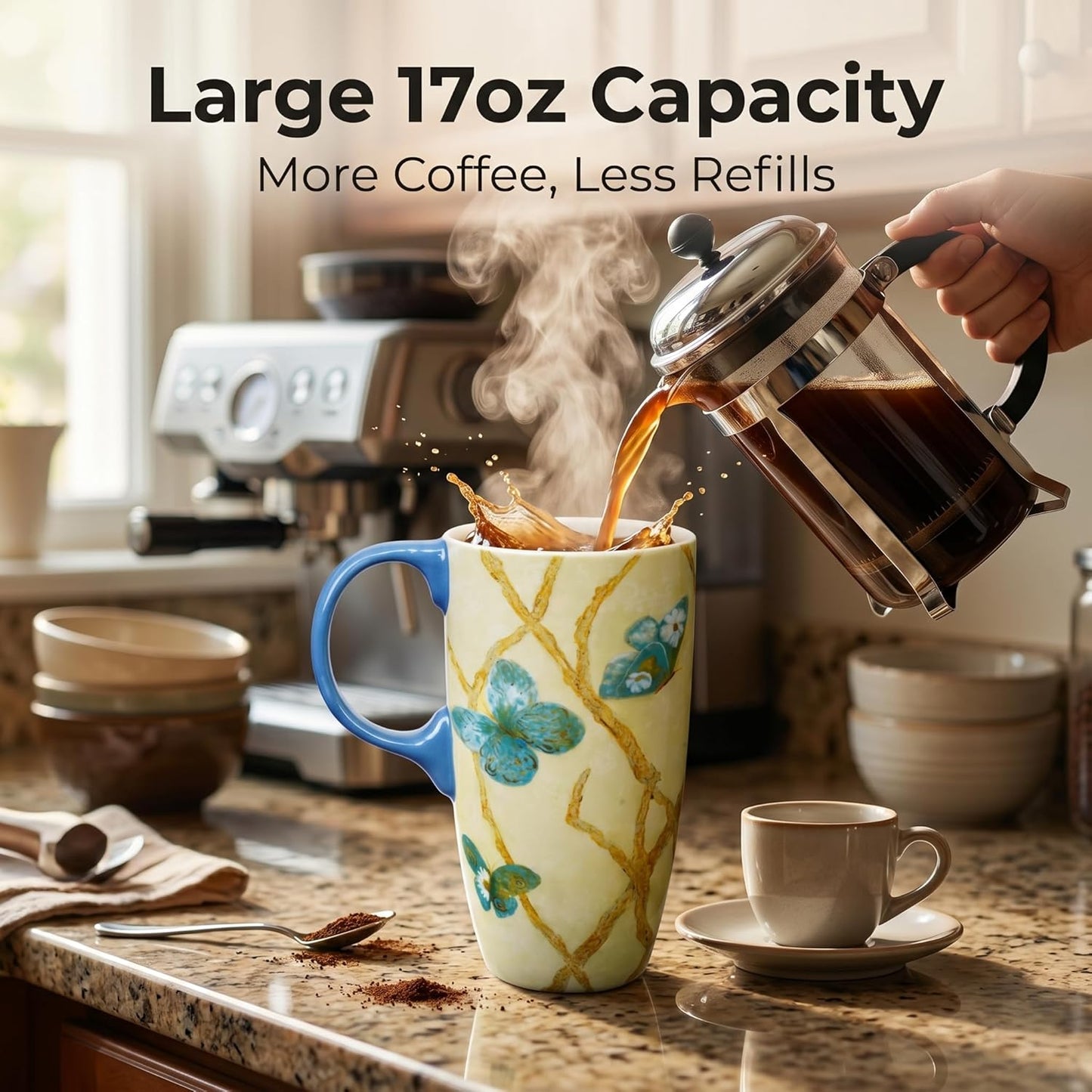 17oz Botanical Sunflower Ceramic Travel Mug with Handle, Gift Box | Splash-resistant lid • Comfortable grip • Smooth glazed finish • Easy cleaning • Microwave & Dishwasher Safe