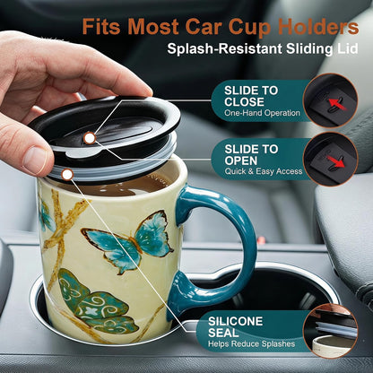 17oz Botanical Sunflower Ceramic Travel Mug with Handle, Gift Box | Splash-resistant lid • Comfortable grip • Smooth glazed finish • Easy cleaning • Microwave & Dishwasher Safe
