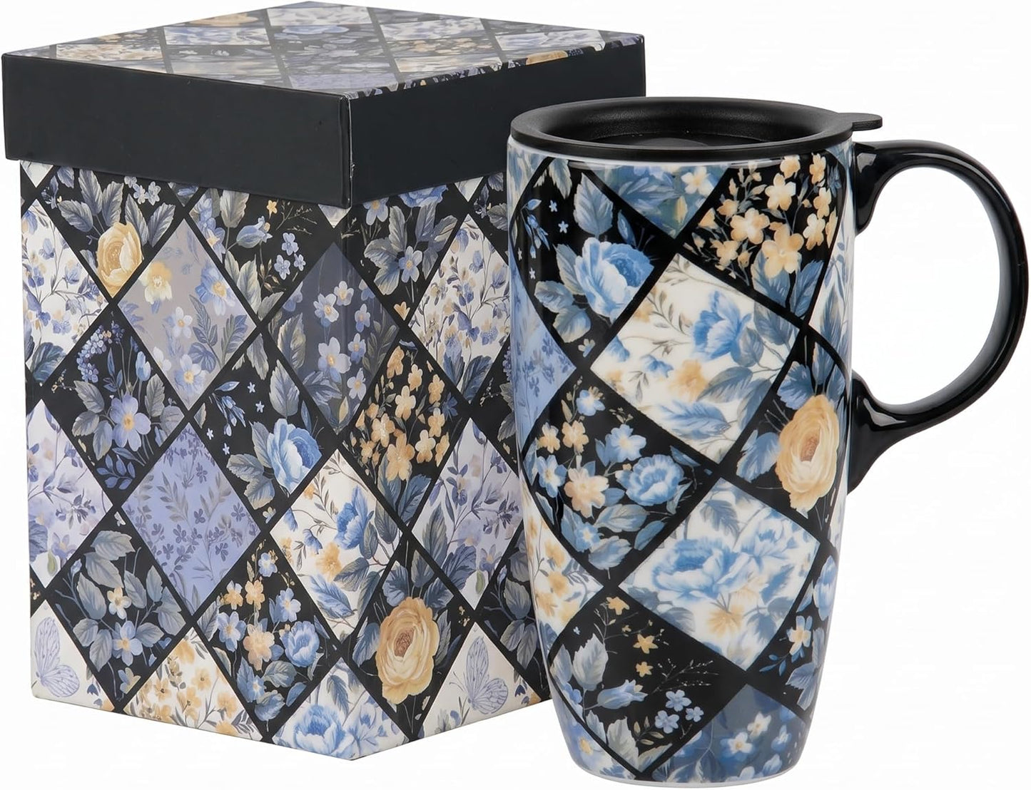 17oz Botanical Sunflower Ceramic Travel Mug with Handle, Gift Box | Splash-resistant lid • Comfortable grip • Smooth glazed finish • Easy cleaning • Microwave & Dishwasher Safe