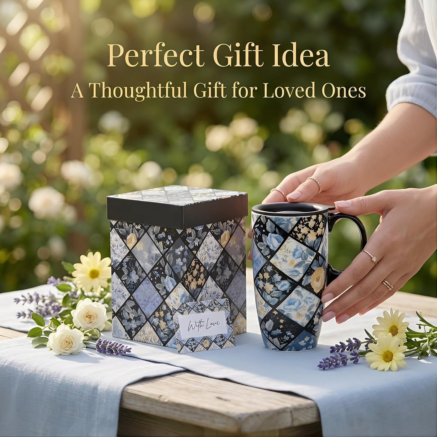 17oz Botanical Sunflower Ceramic Travel Mug with Handle, Gift Box | Splash-resistant lid • Comfortable grip • Smooth glazed finish • Easy cleaning • Microwave & Dishwasher Safe