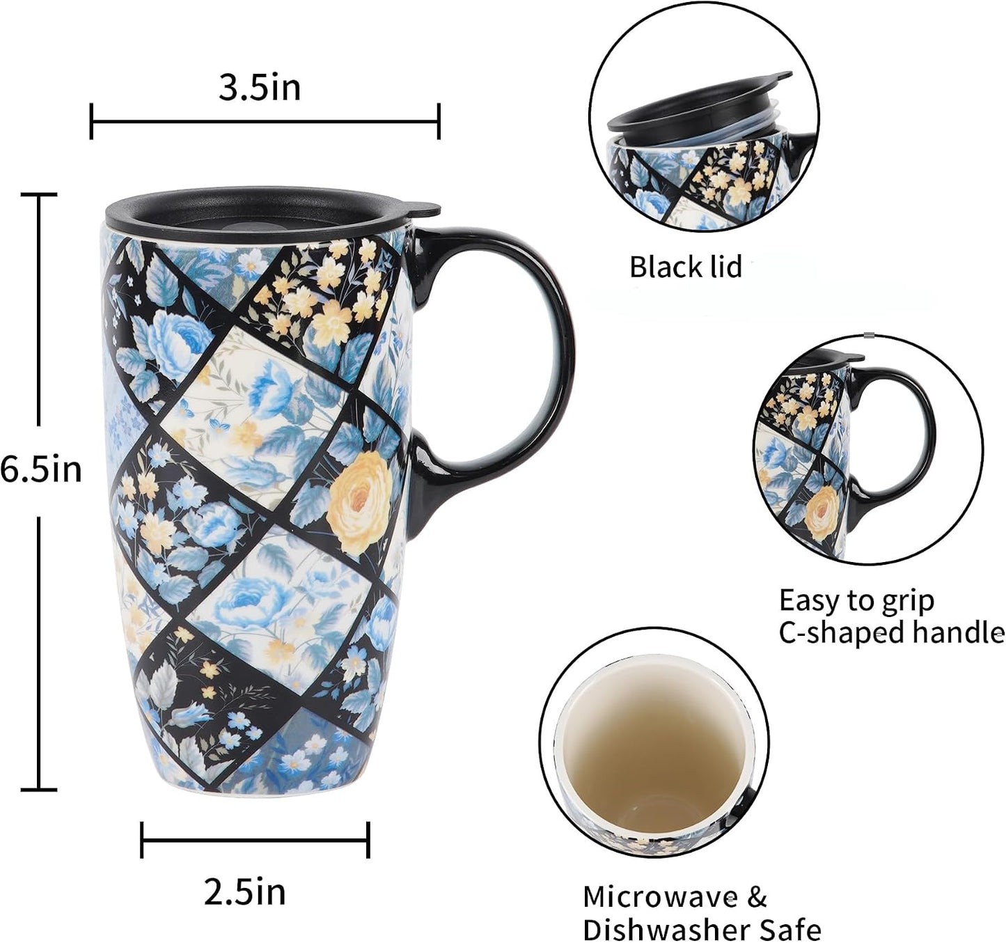 17oz Botanical Sunflower Ceramic Travel Mug with Handle, Gift Box | Splash-resistant lid • Comfortable grip • Smooth glazed finish • Easy cleaning • Microwave & Dishwasher Safe