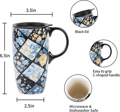 17oz Botanical Sunflower Ceramic Travel Mug with Handle, Gift Box | Splash-resistant lid • Comfortable grip • Smooth glazed finish • Easy cleaning • Microwave & Dishwasher Safe