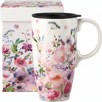 17oz Botanical Sunflower Ceramic Travel Mug with Handle, Gift Box | Splash-resistant lid • Comfortable grip • Smooth glazed finish • Easy cleaning • Microwave & Dishwasher Safe