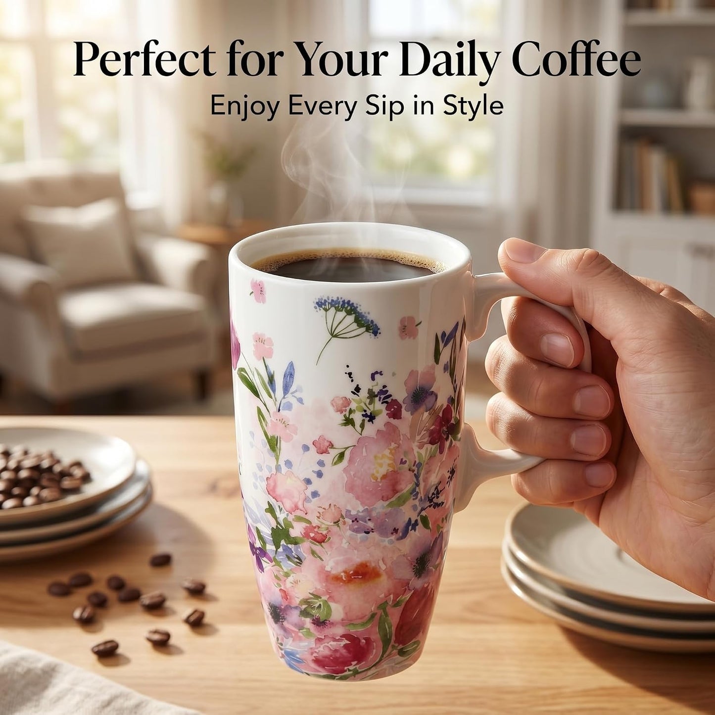 17oz Botanical Sunflower Ceramic Travel Mug with Handle, Gift Box | Splash-resistant lid • Comfortable grip • Smooth glazed finish • Easy cleaning • Microwave & Dishwasher Safe