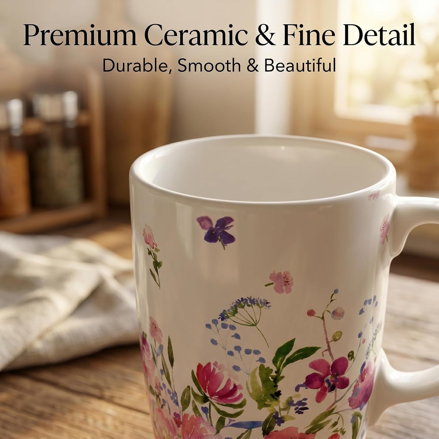 17oz Botanical Sunflower Ceramic Travel Mug with Handle, Gift Box | Splash-resistant lid • Comfortable grip • Smooth glazed finish • Easy cleaning • Microwave & Dishwasher Safe