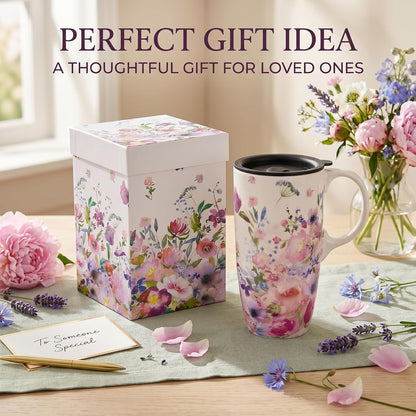 17oz Botanical Sunflower Ceramic Travel Mug with Handle, Gift Box | Splash-resistant lid • Comfortable grip • Smooth glazed finish • Easy cleaning • Microwave & Dishwasher Safe