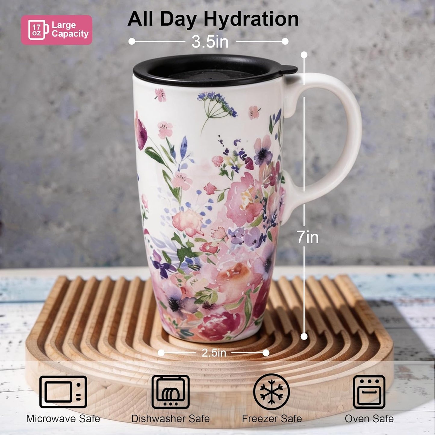 17oz Botanical Sunflower Ceramic Travel Mug with Handle, Gift Box | Splash-resistant lid • Comfortable grip • Smooth glazed finish • Easy cleaning • Microwave & Dishwasher Safe