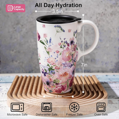 17oz Botanical Sunflower Ceramic Travel Mug with Handle, Gift Box | Splash-resistant lid • Comfortable grip • Smooth glazed finish • Easy cleaning • Microwave & Dishwasher Safe