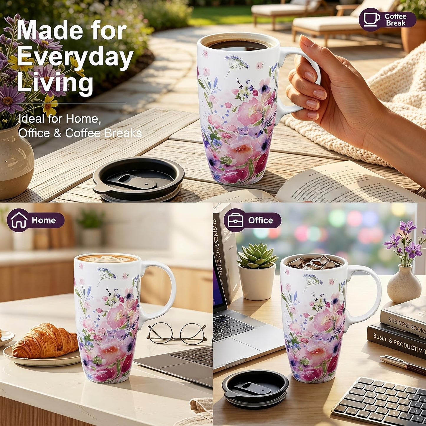 17oz Botanical Sunflower Ceramic Travel Mug with Handle, Gift Box | Splash-resistant lid • Comfortable grip • Smooth glazed finish • Easy cleaning • Microwave & Dishwasher Safe