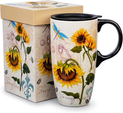 17oz Botanical Sunflower Ceramic Travel Mug with Handle, Gift Box | Splash-resistant lid • Comfortable grip • Smooth glazed finish • Easy cleaning • Microwave & Dishwasher Safe