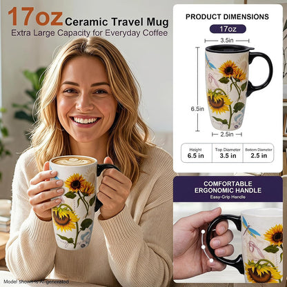 17oz Botanical Sunflower Ceramic Travel Mug with Handle, Gift Box | Splash-resistant lid • Comfortable grip • Smooth glazed finish • Easy cleaning • Microwave & Dishwasher Safe