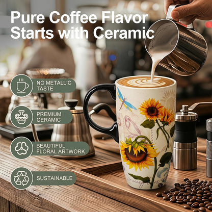 17oz Botanical Sunflower Ceramic Travel Mug with Handle, Gift Box | Splash-resistant lid • Comfortable grip • Smooth glazed finish • Easy cleaning • Microwave & Dishwasher Safe