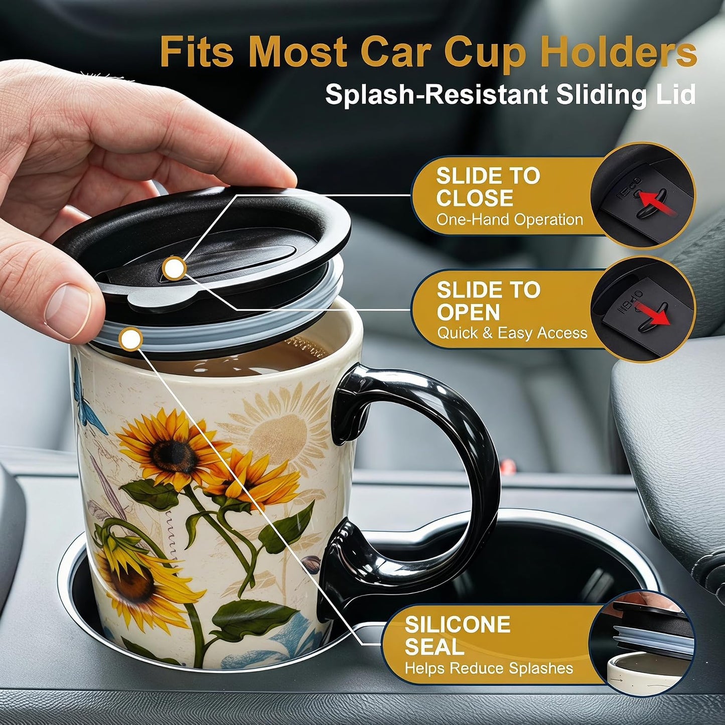 17oz Botanical Sunflower Ceramic Travel Mug with Handle, Gift Box | Splash-resistant lid • Comfortable grip • Smooth glazed finish • Easy cleaning • Microwave & Dishwasher Safe