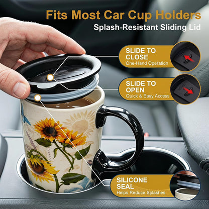 17oz Botanical Sunflower Ceramic Travel Mug with Handle, Gift Box | Splash-resistant lid • Comfortable grip • Smooth glazed finish • Easy cleaning • Microwave & Dishwasher Safe