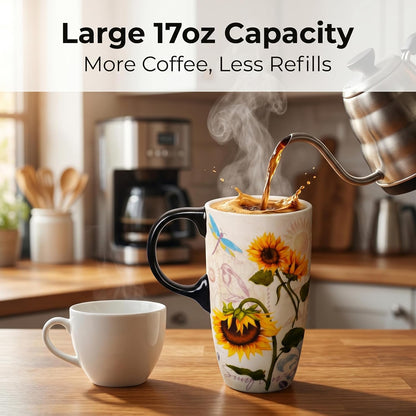 17oz Botanical Sunflower Ceramic Travel Mug with Handle, Gift Box | Splash-resistant lid • Comfortable grip • Smooth glazed finish • Easy cleaning • Microwave & Dishwasher Safe