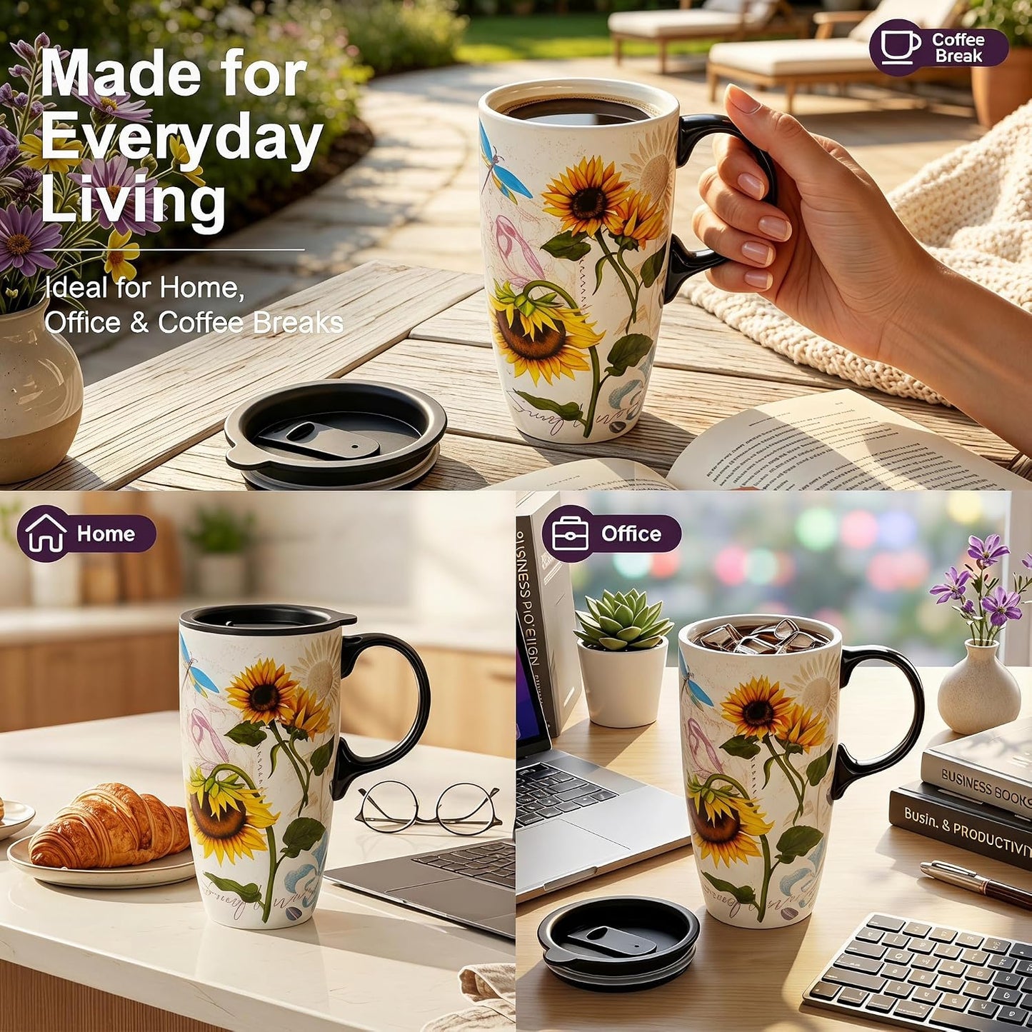 17oz Botanical Sunflower Ceramic Travel Mug with Handle, Gift Box | Splash-resistant lid • Comfortable grip • Smooth glazed finish • Easy cleaning • Microwave & Dishwasher Safe
