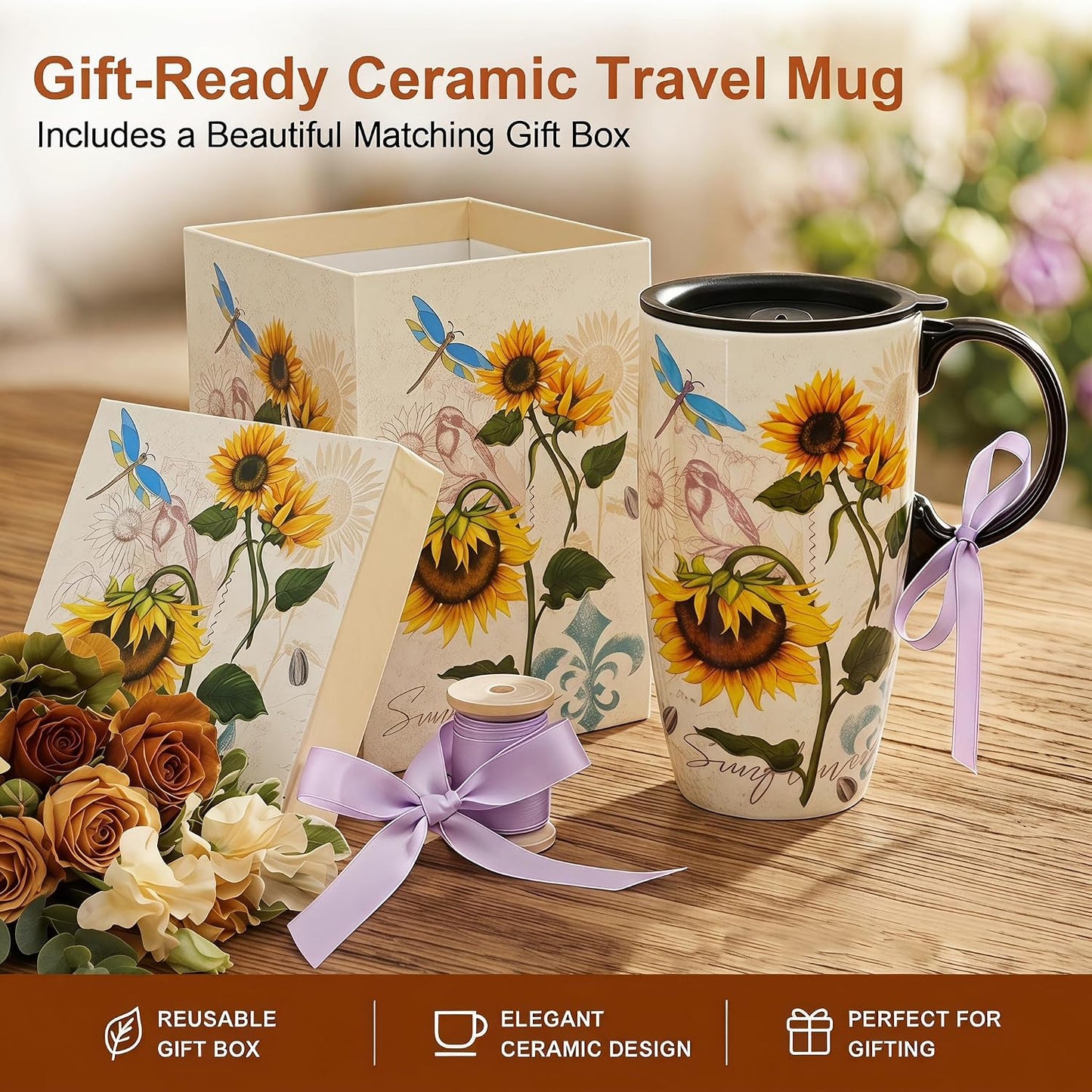 17oz Botanical Sunflower Ceramic Travel Mug with Handle, Gift Box | Splash-resistant lid • Comfortable grip • Smooth glazed finish • Easy cleaning • Microwave & Dishwasher Safe