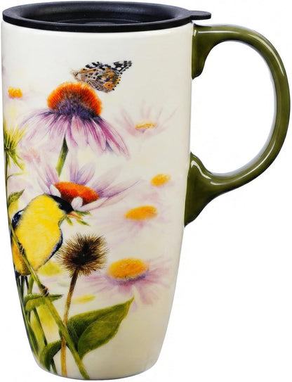 17oz Botanical Sunflower Ceramic Travel Mug with Handle, Gift Box | Splash-resistant lid • Comfortable grip • Smooth glazed finish • Easy cleaning • Microwave & Dishwasher Safe