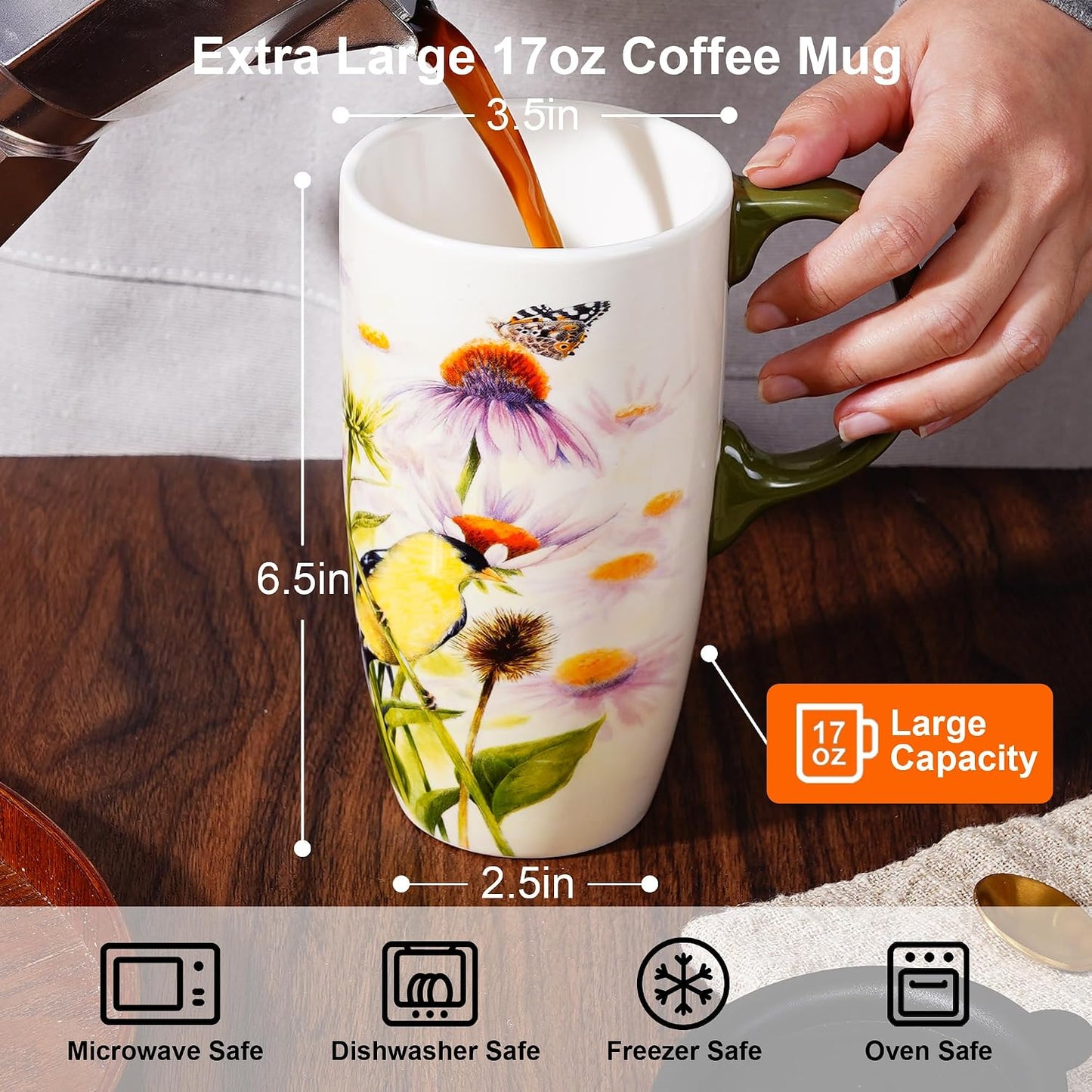 17oz Botanical Sunflower Ceramic Travel Mug with Handle, Gift Box | Splash-resistant lid • Comfortable grip • Smooth glazed finish • Easy cleaning • Microwave & Dishwasher Safe