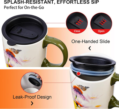 17oz Botanical Sunflower Ceramic Travel Mug with Handle, Gift Box | Splash-resistant lid • Comfortable grip • Smooth glazed finish • Easy cleaning • Microwave & Dishwasher Safe