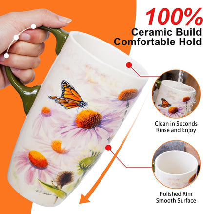 17oz Botanical Sunflower Ceramic Travel Mug with Handle, Gift Box | Splash-resistant lid • Comfortable grip • Smooth glazed finish • Easy cleaning • Microwave & Dishwasher Safe