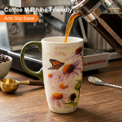 17oz Botanical Sunflower Ceramic Travel Mug with Handle, Gift Box | Splash-resistant lid • Comfortable grip • Smooth glazed finish • Easy cleaning • Microwave & Dishwasher Safe